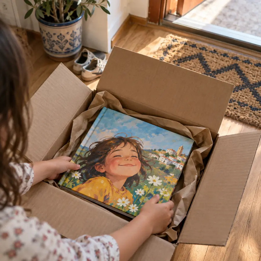 Caja de envío abierta con el cuento de tapa dura dentro