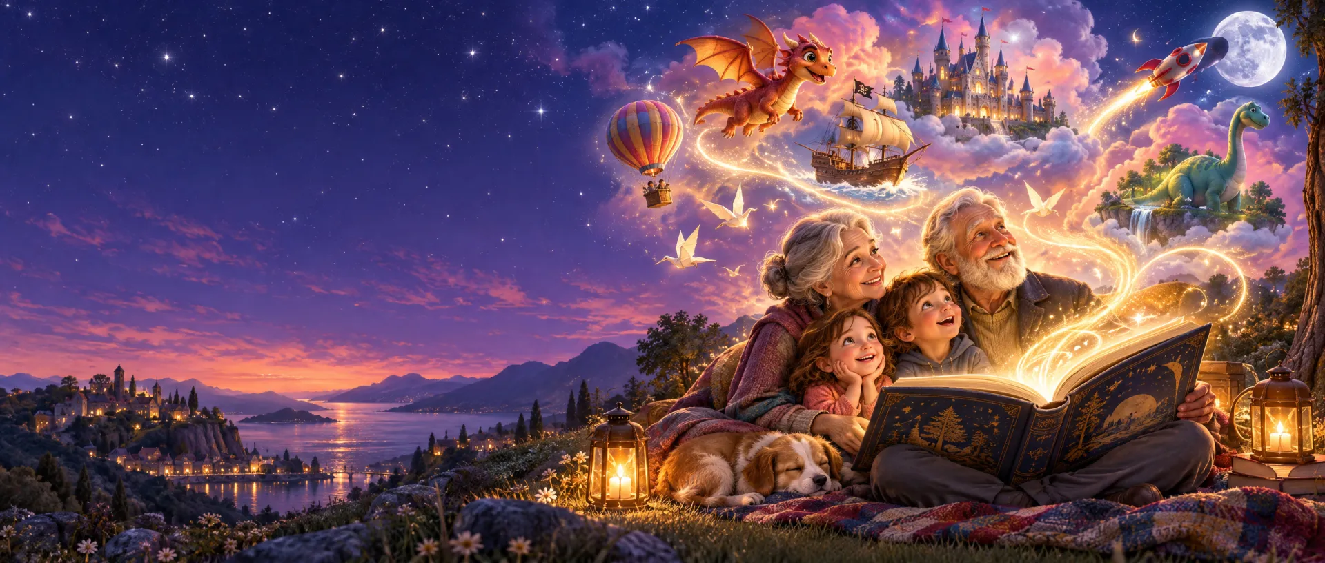Abuelos leyendo un cuento mágico con sus nietos bajo las estrellas