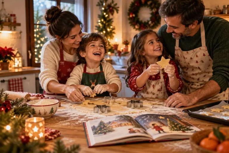 Familia haciendo galletas de Navidad en la cocina