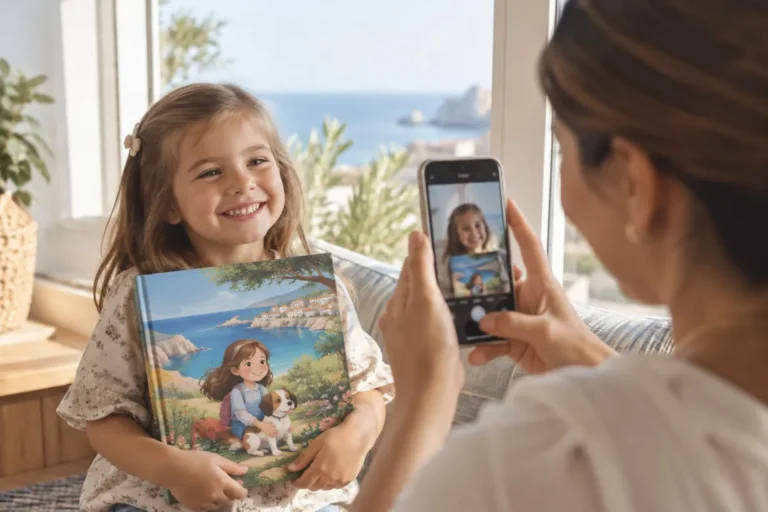 Madre haciendo una foto con el móvil a su hija junto a una ventana con luz natural